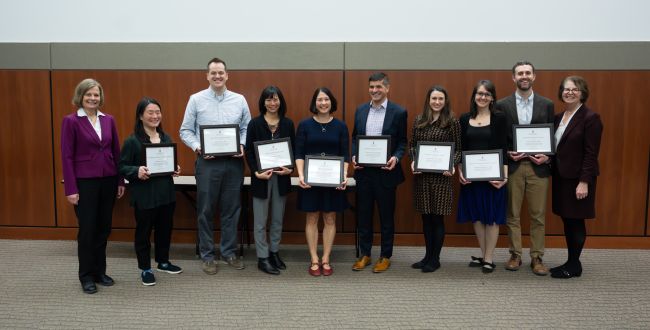 Left to right: DOM Vice Chair for Education Laura Zakowski, MD, with award recipients Meekers Lee, MD; Andy Coyle, MD; Katie Wang, MD; Allison Ishizaki, MPH; Peter Kleinschmidt; Alexandra Wick, MD; Elizabeth Chapman, MD; James Alstott; and DOM Chair Lynn Schnapp, MD.