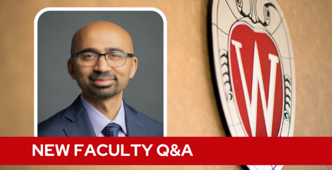 A professional headshot of Dr. Contractor over a tan background with a Wisconsin crest, and white text on a red bar saying "New Faculty Q&A".