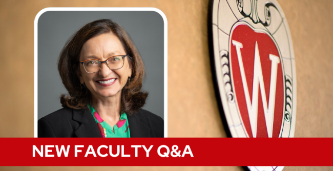 A professional headshot of Dr. Ellis over a tan background with a Wisconsin crest, and white text on a red bar saying "New Faculty Q&A".