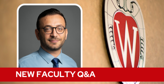 A professional headshot of Dr. Mrad over a tan background with a Wisconsin crest, and white text on a red bar saying "New Faculty Q&A".