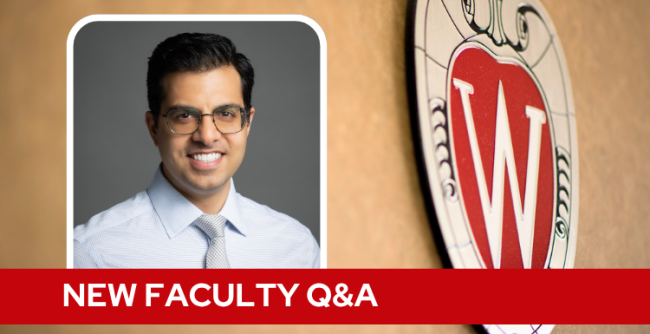 A professional headshot of Dr. Saleh over a tan background with a Wisconsin crest, and white text on a red bar saying "New Faculty Q&A".