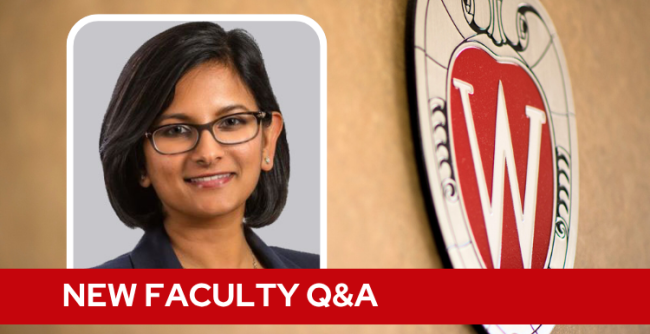 A professional headshot of Dr. Samarasinghe over a tan background with a Wisconsin crest, and white text on a red bar saying "New Faculty Q&A".
