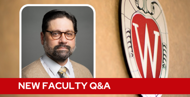 A professional headshot of Dr. Bracamonte over a tan background with a Wisconsin crest, and white text on a red bar saying "New Faculty Q&A".