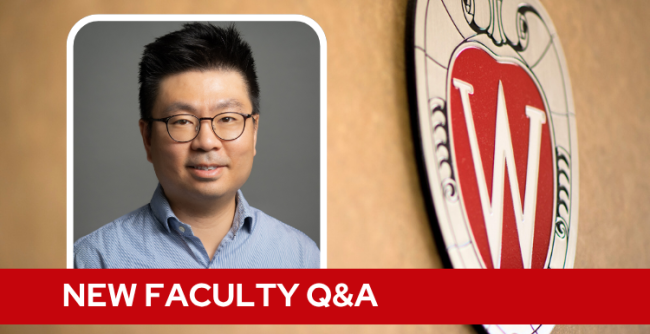 A professional headshot of Dr. Kim over a tan background with a Wisconsin crest, and white text on a red bar saying "New Faculty Q&A".