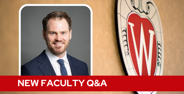 A professional headshot of Dr. Buchanan over a tan background with a Wisconsin crest, and white text on a red bar saying "New Faculty Q&A".