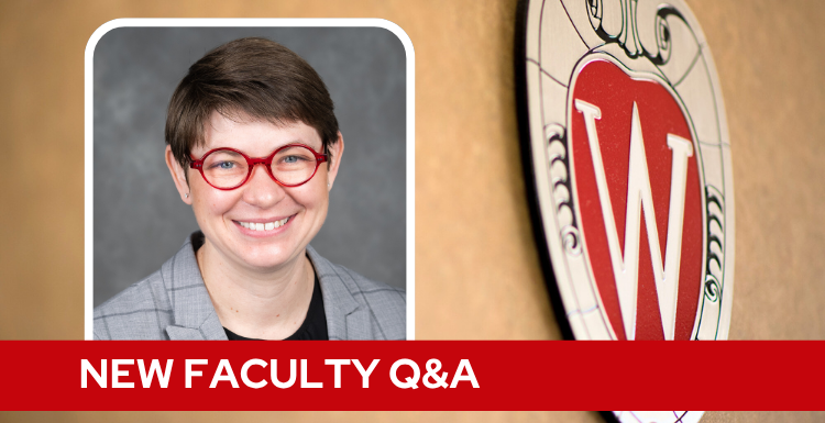 A professional headshot of Dr. Hughey over a tan background with a Wisconsin crest, and white text on a red bar saying "New Faculty Q&A".