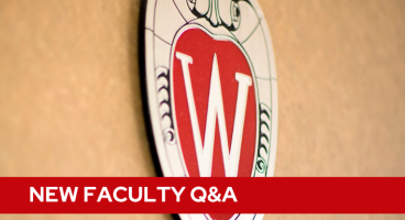 A tan background with a Wisconsin crest, and white text on a red bar saying "New Faculty Q&A".