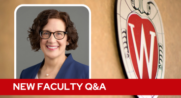 A professional headshot of Dr. Hildebrand over a tan background with a Wisconsin crest, and white text on a red bar saying "New Faculty Q&A".