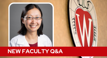 A professional headshot of Dr. Liu over a tan background with a Wisconsin crest, and white text on a red bar saying "New Faculty Q&A".