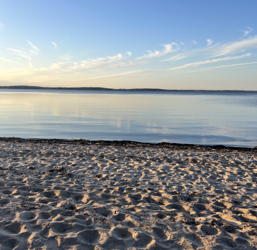 A sandy beach at sunset.
