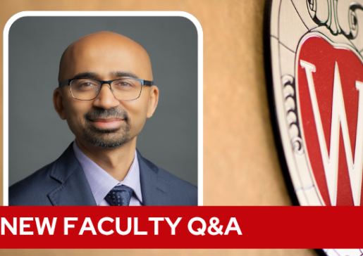 A professional headshot of Dr. Contractor over a tan background with a Wisconsin crest, and white text on a red bar saying "New Faculty Q&A".