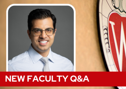 A professional headshot of Dr. Saleh over a tan background with a Wisconsin crest, and white text on a red bar saying "New Faculty Q&A".