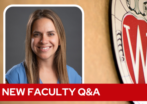 A professional headshot of Dr. Sweet over a tan background with a Wisconsin crest, and white text on a red bar saying "New Faculty Q&A".