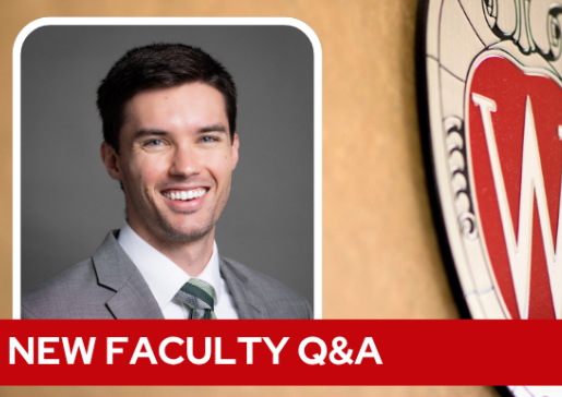 A professional headshot of Dr. Townshend over a tan background with a Wisconsin crest, and white text on a red bar saying "New Faculty Q&A".