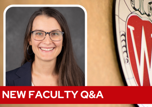 A professional headshot of Dr. Bernau over a tan background with a Wisconsin crest, and white text on a red bar saying "New Faculty Q&A".